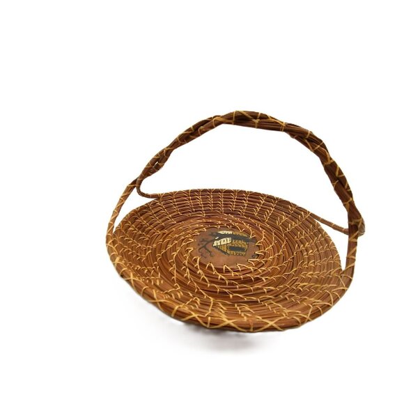 VTG Handcrafted Coiled Pine Needle Basket With Twisted Handles & Hand Painted - Picture 12 of 13